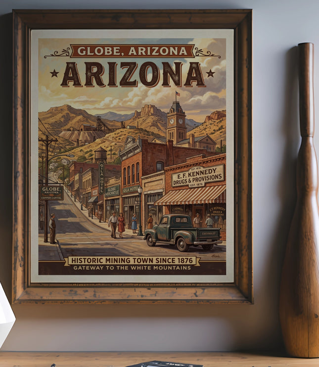 Vintage poster of Globe, Arizona historic mining town scene with text.