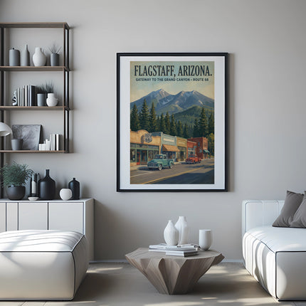Vintage Flagstaff, Arizona Route 66 poster with mountains and vintage trucks.