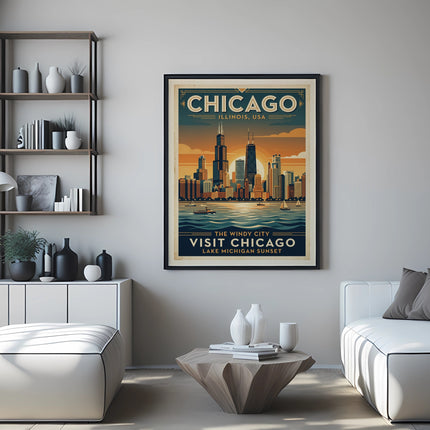 Vintage Chicago poster with skyline, text "Visit Chicago" and Lake Michigan sunset.