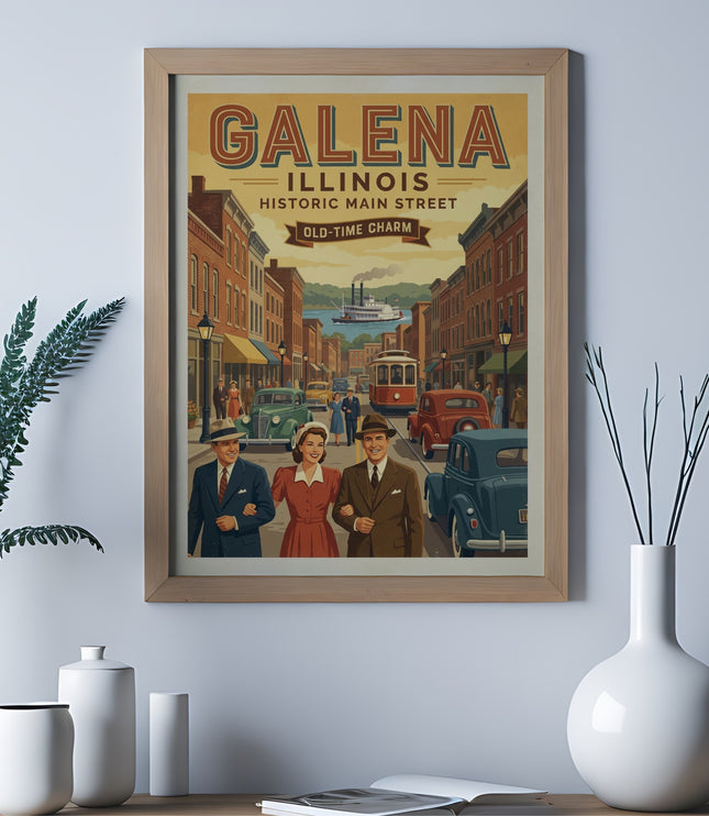 Galena Illinois historic main street old-time charm vintage poster illustration.