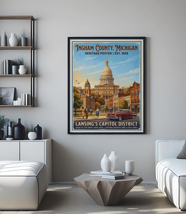 Ingham County, Michigan heritage poster depicting Lansing's Capitol District.