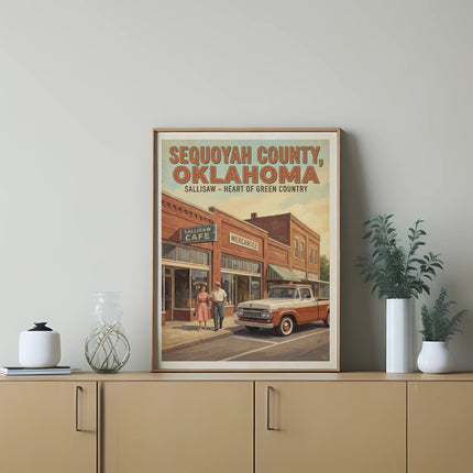 Sequoyah County, Oklahoma art with Sallisaw Café, Mercantile, and vintage truck.