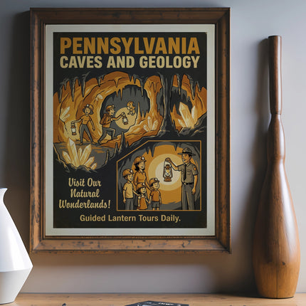 Pennsylvania Caves and Geology poster: Guided lantern tours daily.
