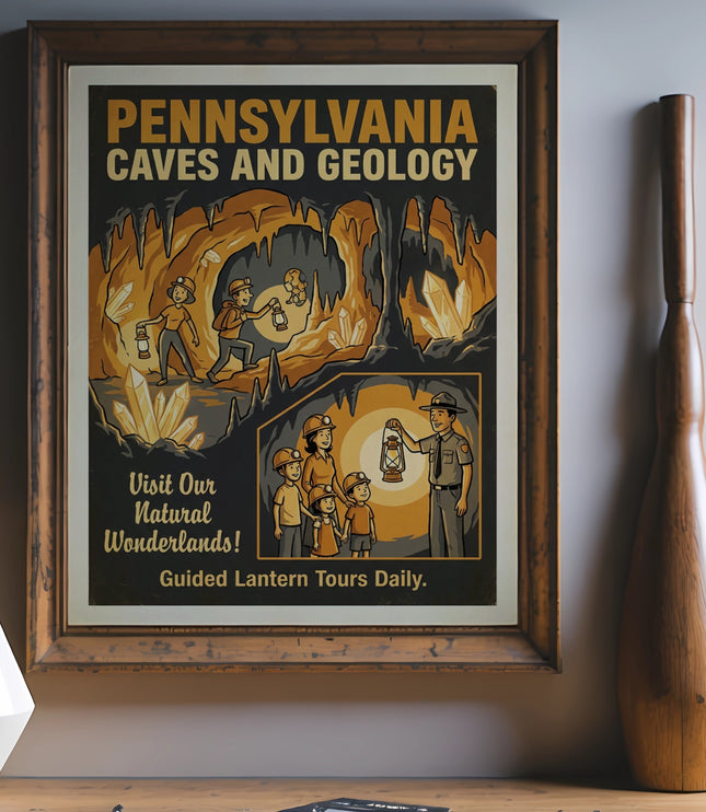 Pennsylvania Caves and Geology poster: Guided lantern tours daily.