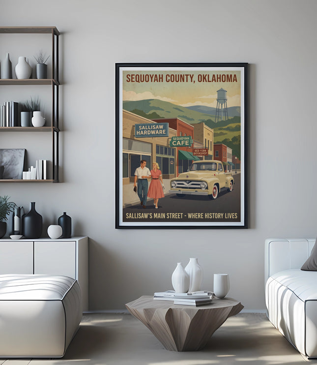 Sequoyah County, Oklahoma poster features Sallisaw's Main Street with vintage truck.