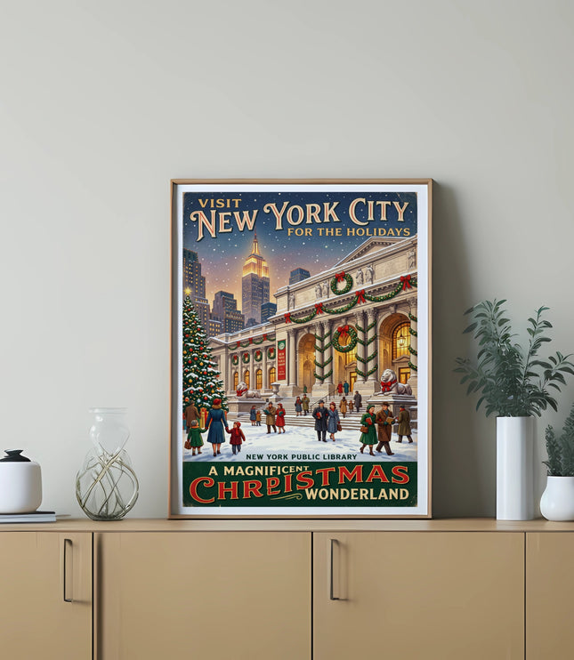 Vintage New York City Christmas poster featuring the library, Empire State Building, and people.