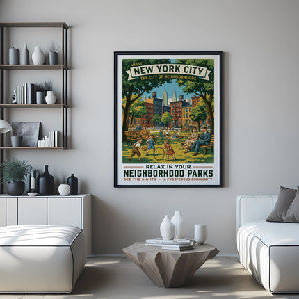 Vintage New York City neighborhoods poster with people relaxing in a park.