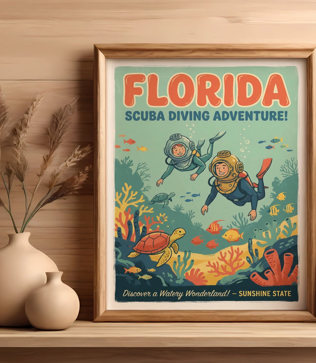 Vintage Florida scuba diving poster featuring divers, sea turtles, and fish.