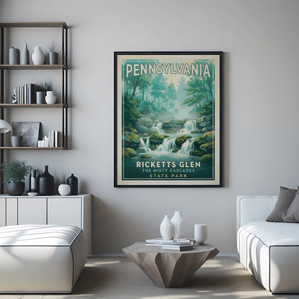 Pennsylvania Ricketts Glen State Park poster with waterfall and forest scene.