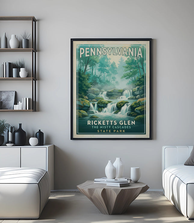 Pennsylvania Ricketts Glen State Park poster with waterfall and forest scene.
