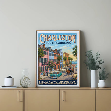 Charleston South Carolina poster with rainbow row and vintage cars.