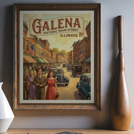 Vintage "Galena Historic Main Street Illinois" poster of a bustling street scene.