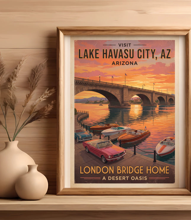 Lake Havasu City, AZ poster with London Bridge, boats, and cars at sunset.