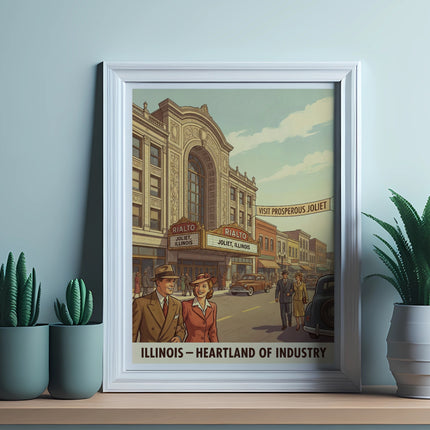 Vintage Rialto Theater poster for Joliet, Illinois, featuring a street scene.