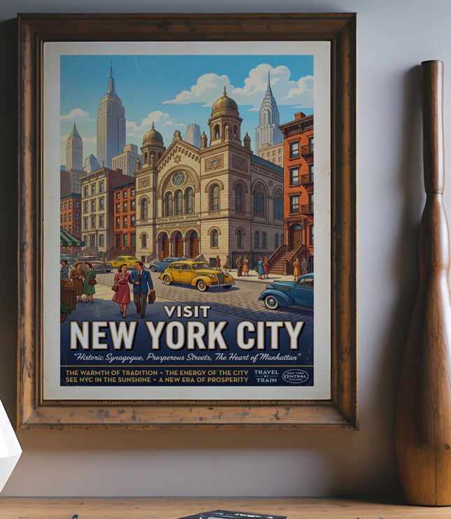 Vintage New York City travel poster with historic synagogue and city skyline.