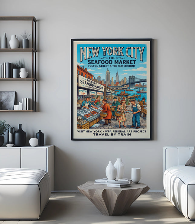 New York City Seafood Market vintage travel poster.