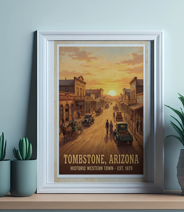 Painting of Tombstone, Arizona historic western town at sunset with text.