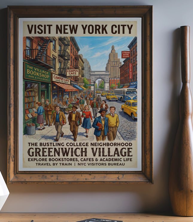Vintage "Visit New York City" poster of Greenwich Village street scene.