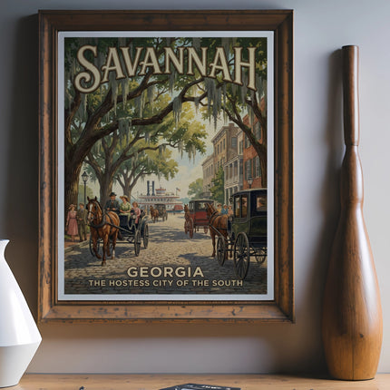 Vintage Savannah, Georgia travel poster with horse-drawn carriages on a street.