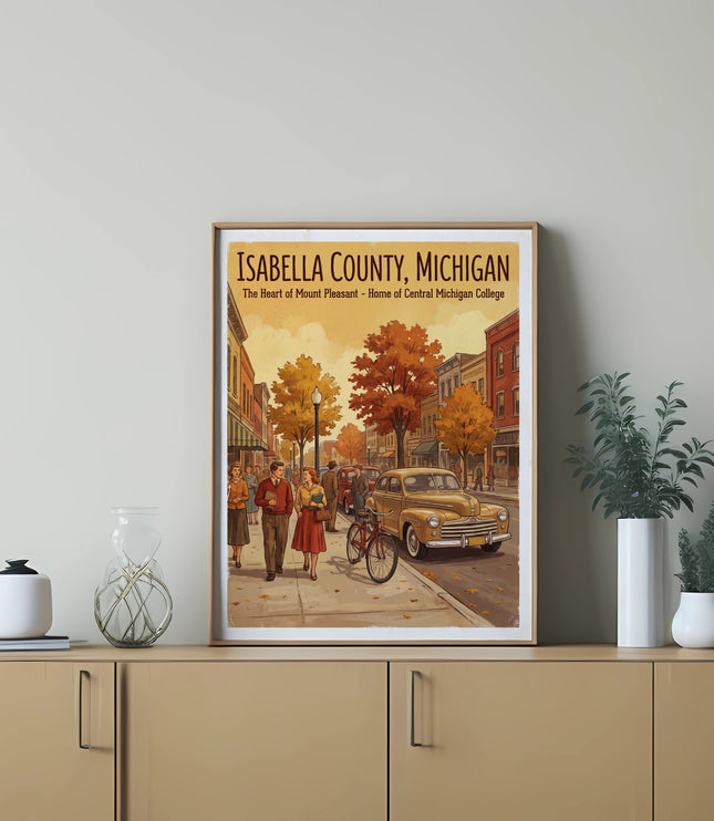 Isabella County, Michigan poster with people, vintage car, and fall foliage.