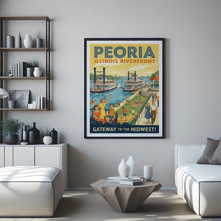 Peoria, Illinois riverfront poster with boats and people.