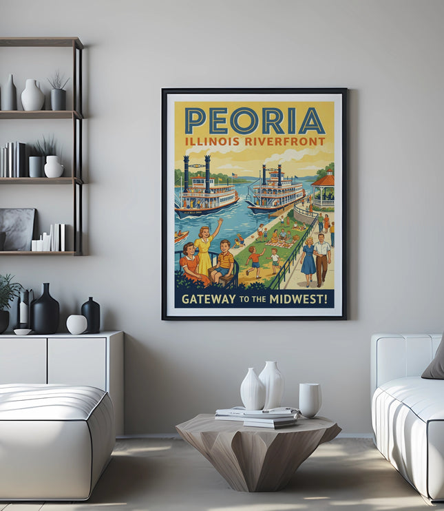Peoria, Illinois riverfront poster with boats and people.