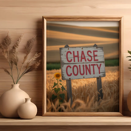 Framed "Chase County" sign with wheat field and sunflower.