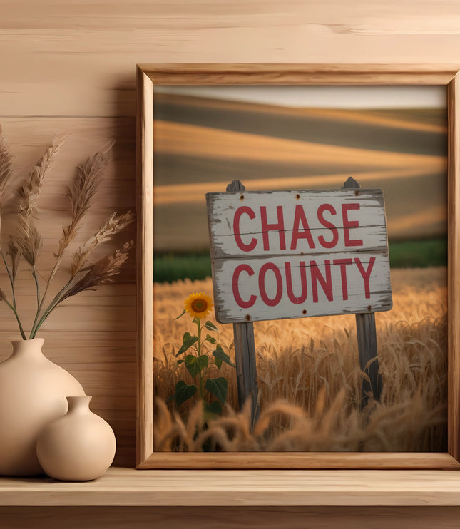Framed "Chase County" sign with wheat field and sunflower.