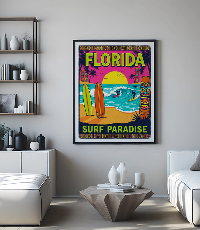 Florida Surf Paradise vintage poster with surfboards, surfers, and tiki.