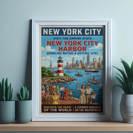 New York City Empire State Harbor vintage travel poster.