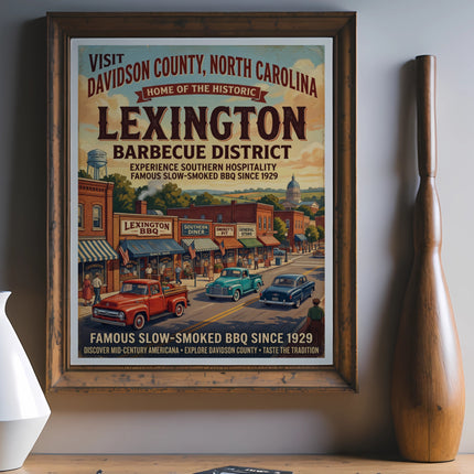 Vintage travel poster of Lexington Barbecue District, Davidson County, NC.