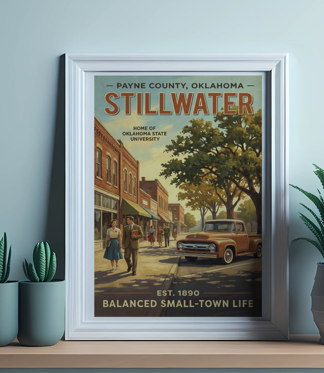 Stillwater, Oklahoma vintage travel poster featuring a street scene and text.