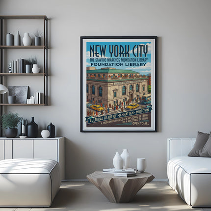 Poster for New York City's Stavros Niarchos Foundation Library, cultural heart of Manhattan.