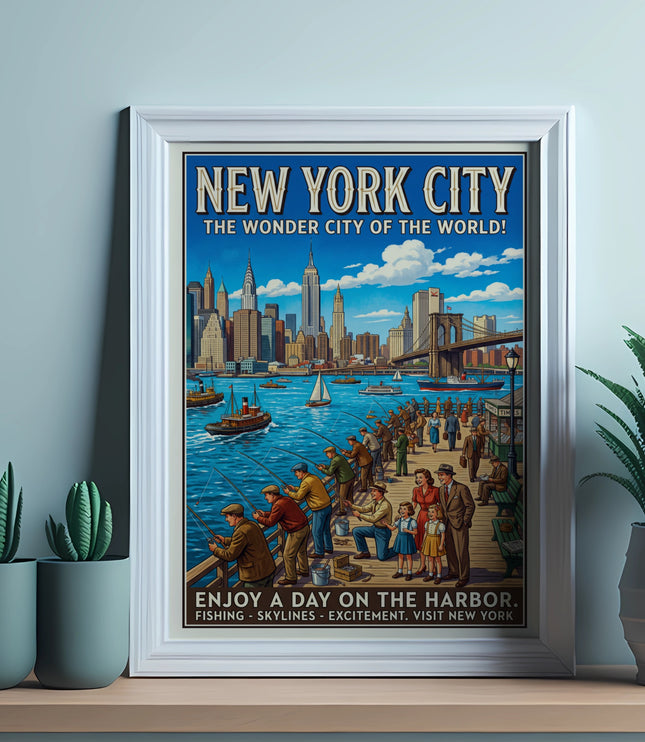 New York City poster featuring fishing on the harbor and city skyline.