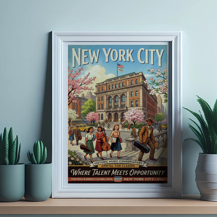 Vintage "New York City" poster showing Juilliard School, students, and buildings.