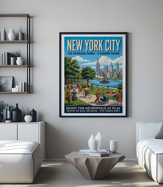 Framed New York City poster shows a park scene with people, boats, and skyline.
