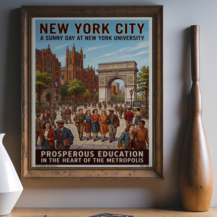 New York University poster depicting Washington Square Park with "Prosperous Education" text.