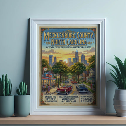 Mecklenburg County, North Carolina poster featuring vintage cars, Queen's Diner, and skyline.