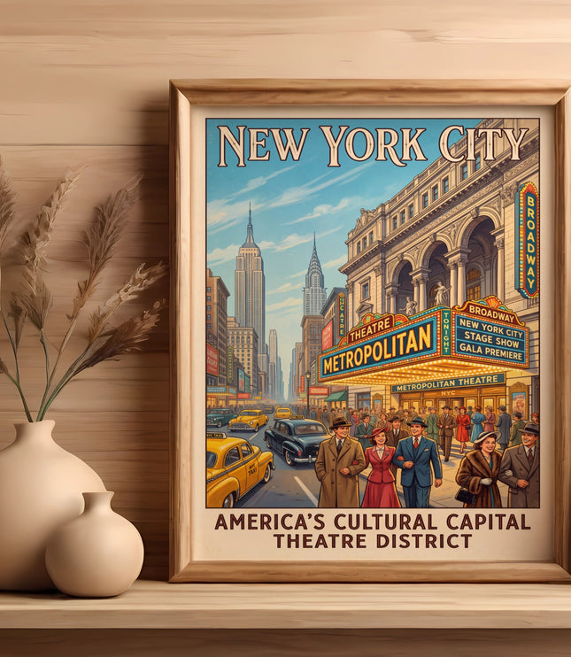 New York City theatre district poster with Empire State Building and Metropolitan Theatre.