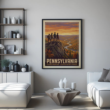 Vintage Pennsylvania travel poster featuring four figures on a rocky outcrop overlooking a valley.