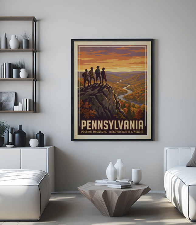 Vintage Pennsylvania travel poster featuring four figures on a rocky outcrop overlooking a valley.