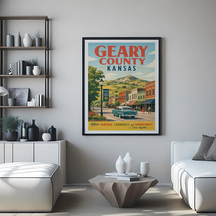 Poster for Geary County, Kansas, featuring a vintage car and town scene.