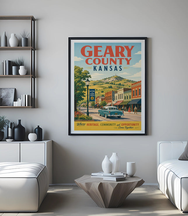 Poster for Geary County, Kansas, featuring a vintage car and town scene.