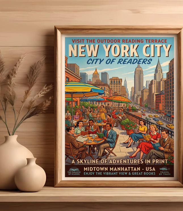Vintage poster of New York City skyline with people reading outdoors.