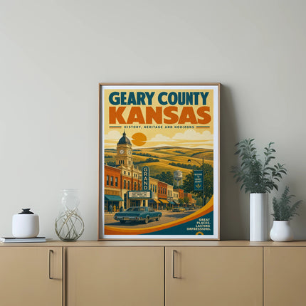 Geary County, Kansas vintage travel poster with Grand Junction City scene.