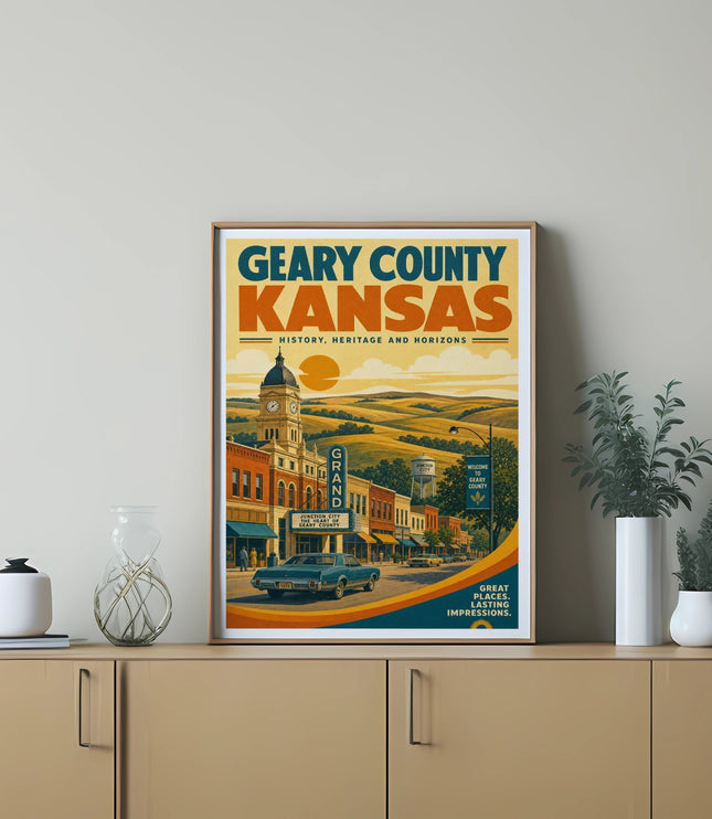 Geary County, Kansas vintage travel poster with Grand Junction City scene.