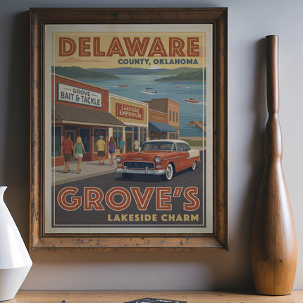 Delaware County, Oklahoma vintage travel poster of Grove's Lakeside Charm.
