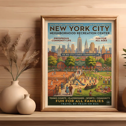Vintage New York City Recreation Center poster with people playing tennis and in playgrounds.