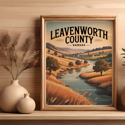 Framed artwork of Leavenworth County, Kansas landscape with river and rolling hills.