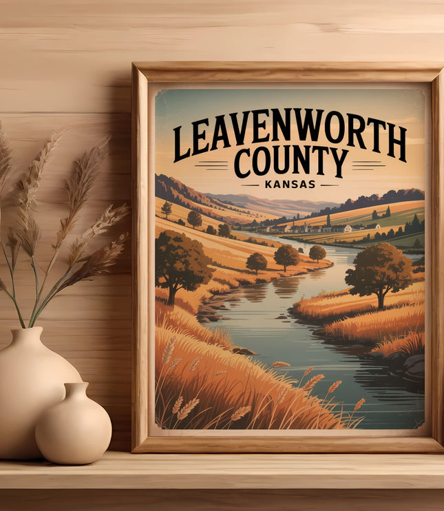 Framed artwork of Leavenworth County, Kansas landscape with river and rolling hills.